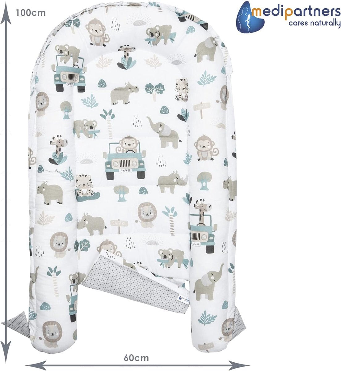 5-delige set babynestjes, 100 x 60 x 15 cm, uitneembaar inzetstuk, knuffelnest, kruipdeken voor baby's, pasgeborenen, 100% katoen (mint dierentuin met beige minky)