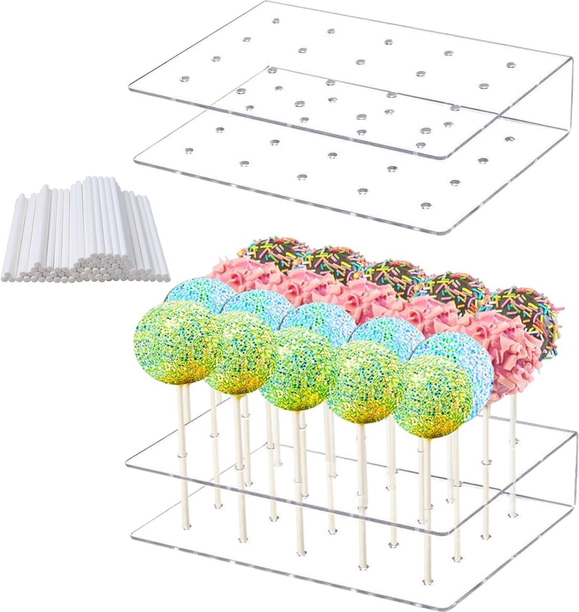 2 stuks cakepopstandaard, met 200 cakepopstels, cakepopstandaard, 20 gaten, lollipop standaard, voor bruiloft, verjaardag, dessert, tafel, feestdecoratie