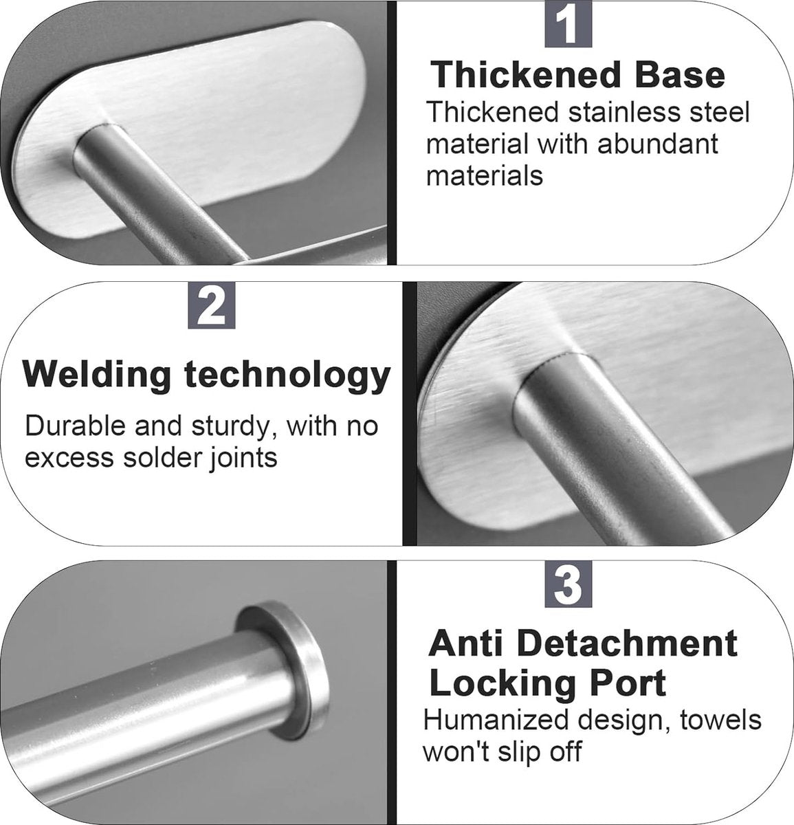 Handdoekhouder zonder boren, zilver 304 handdoekhouder, geborsteld roestvrij staal, uittrekbare handdoekstang om te plakken, voor badkamer en keuken, 23 tot 38 cm