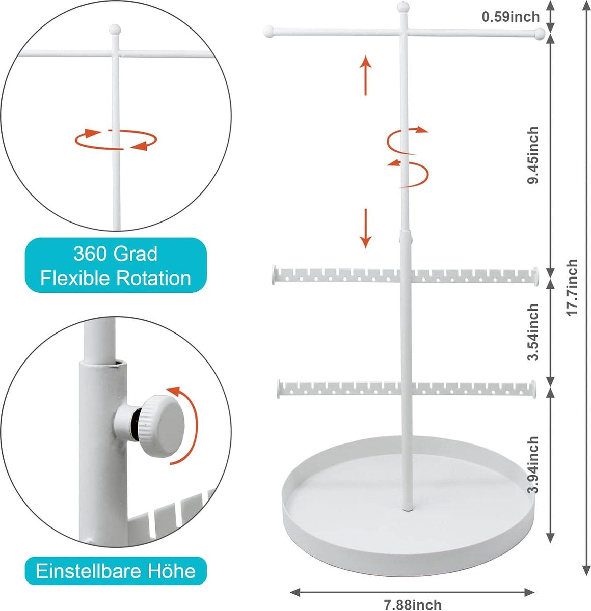 T-vormige sieradenstandaard, sieradenhouder, kettinghouder, sieradenboom, kettingstandaard, horlogestandaard, oorbelhouder, sieradenopslag voor kettingen, oorbellen, armbanden, ringen,