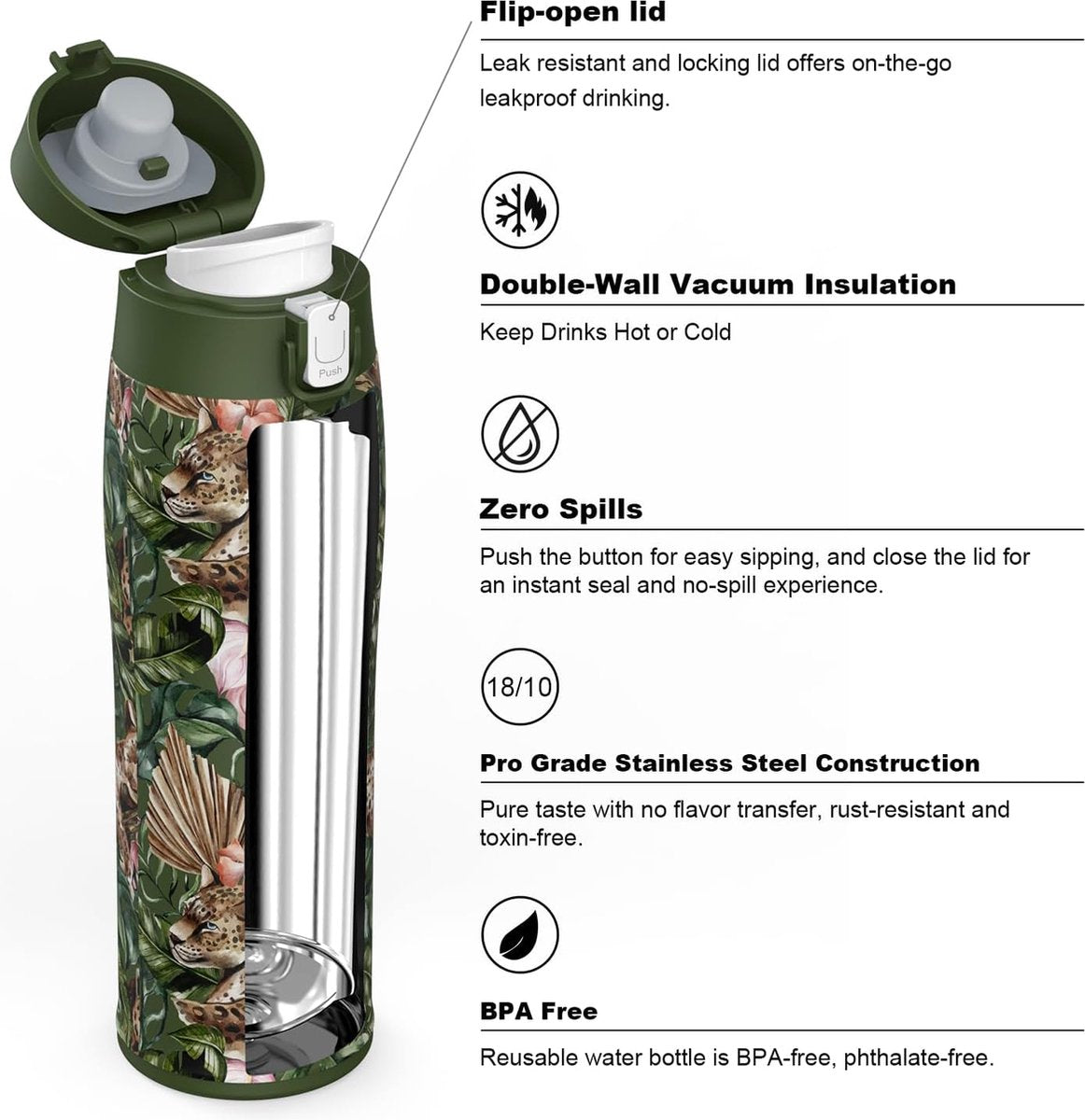 Drinkfles van roestvrij staal 18/10, ultralichte drinkbeker, 350 ml, 500 ml, 750 ml, BPA-vrij, lekvrije drinkfles, drinkflessen voor sport, onderweg, school, outdoor, kantoor, thuis