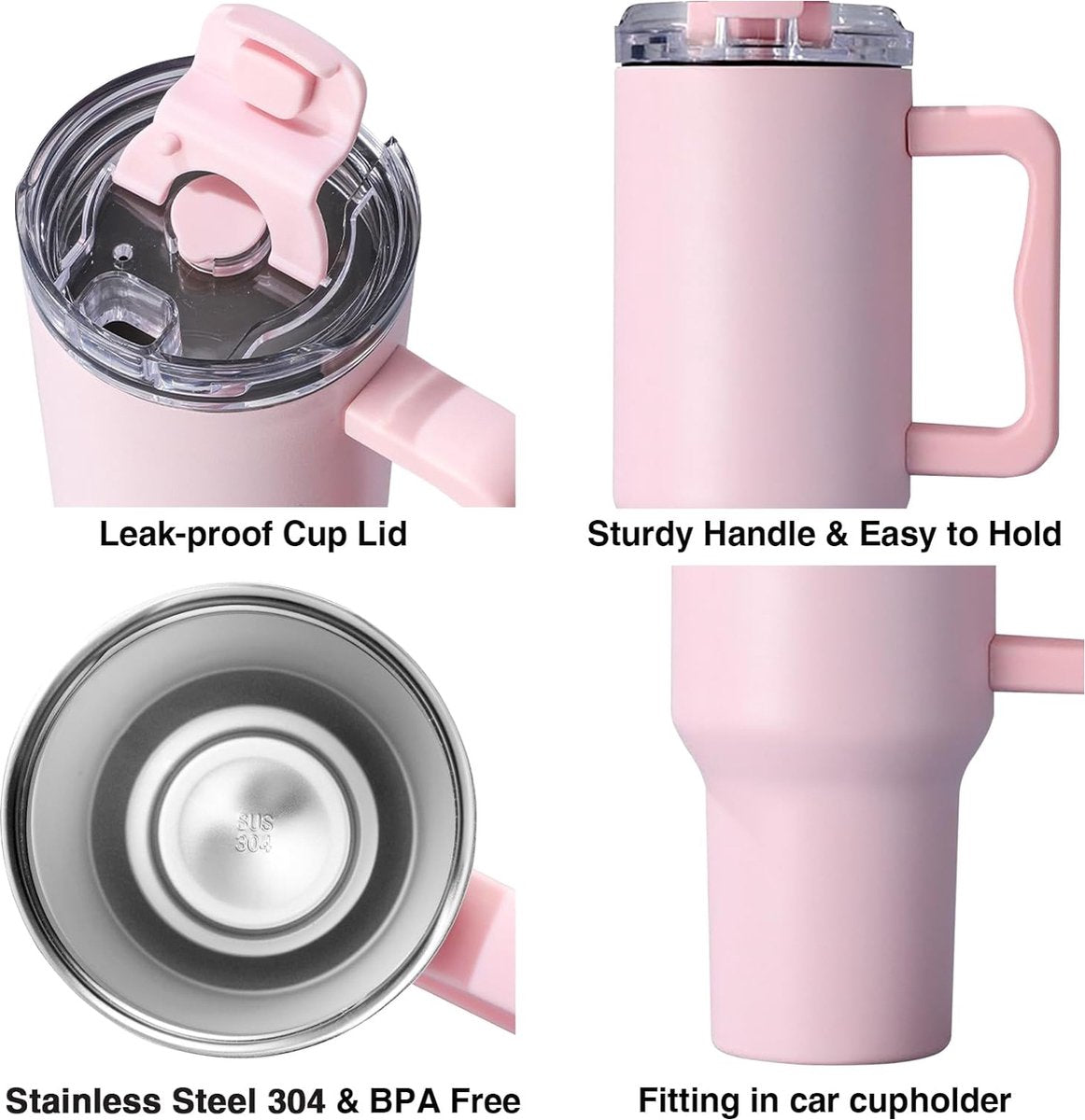 1200 ml koffiebeker om mee te nemen, dubbelwandige, roestvrijstalen vacuüm-isolatiebeker met handvat en rietje, autobeker, thermobeker, koffiebeker voor warme en koude dranken, zwart