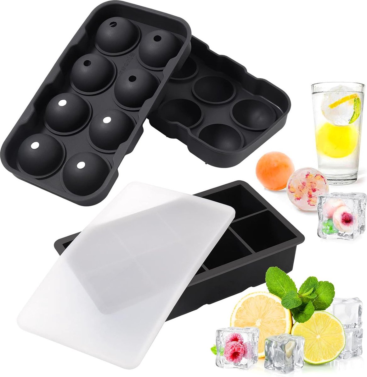 2 stuks siliconen ijsblokjesvorm, groot, 8-voudige ijsblokjeshouder met bol, ijsbolvorm, ijsbolvorm, voor gekoelde cocktails, whiskydranken