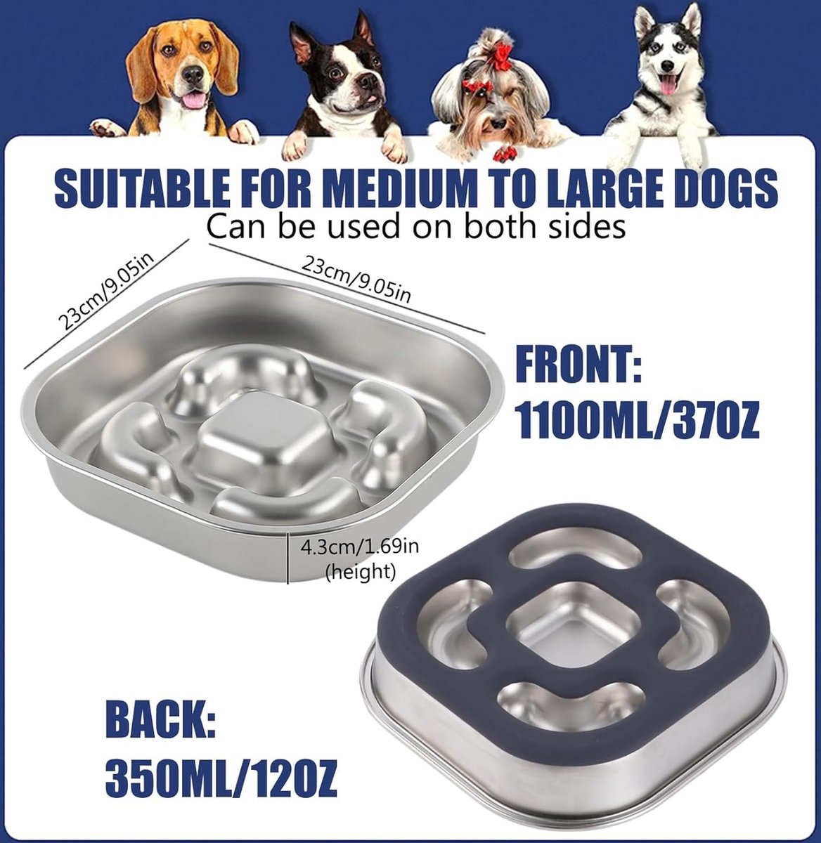 Anti-sling hondenkom, anti-slingerkom, roestvrij staal, slowfeederkom, hond, antislip roestvrijstalen hondenkom voor grote, kleine en middelgrote honden, voerbak hondenkom