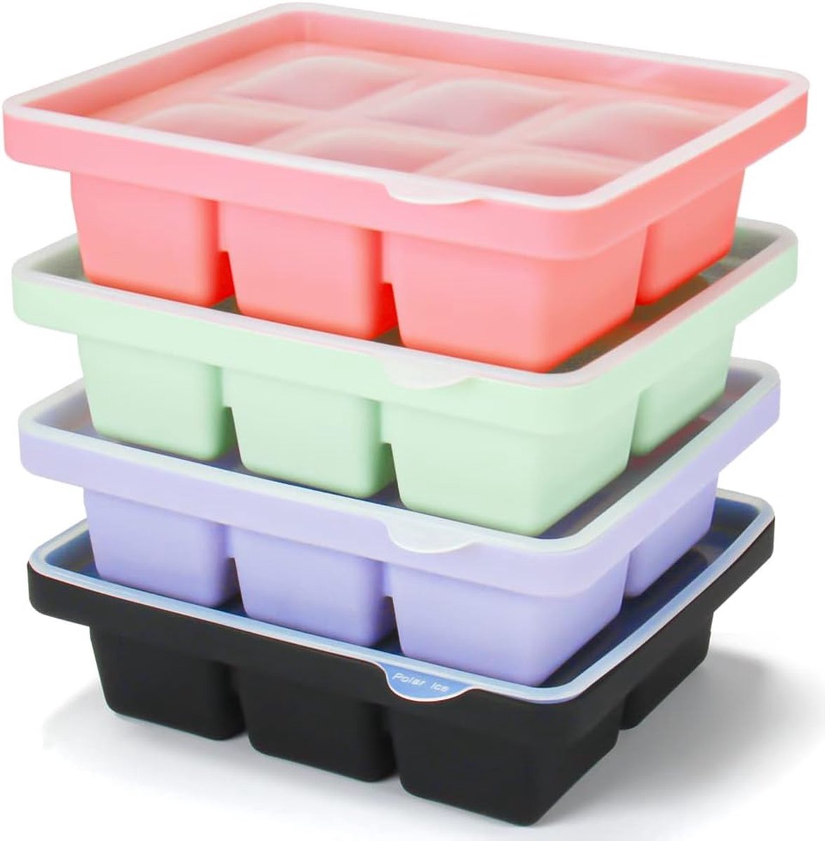 4 stuks ijsblokjesbakken, siliconen ijsblokjesbakken XL met deksel, stapelbaar en vaatwasmachinebestendig ijsblokjesbakken, voor bier, wijn en babysnack inbegrepen (4 kleuren, set van 4 (24 ijsblokjes))
