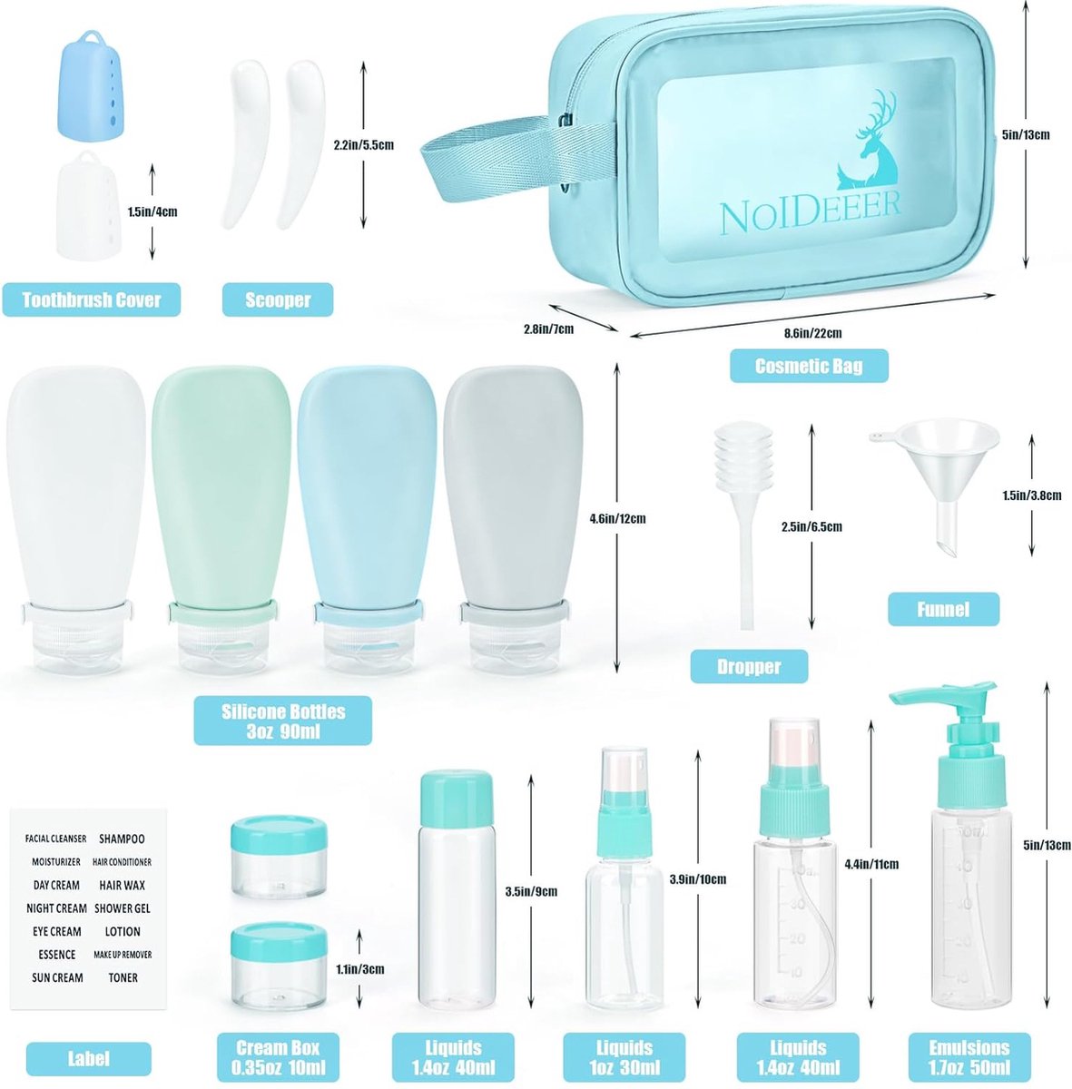 18-delige siliconen reisflessenset, vliegtuiggoedgekeurd voor het vullen van reisflessen, geschikt voor shampoo, lotion, haarconditioner, douchegel, met labels en transparante toilettas