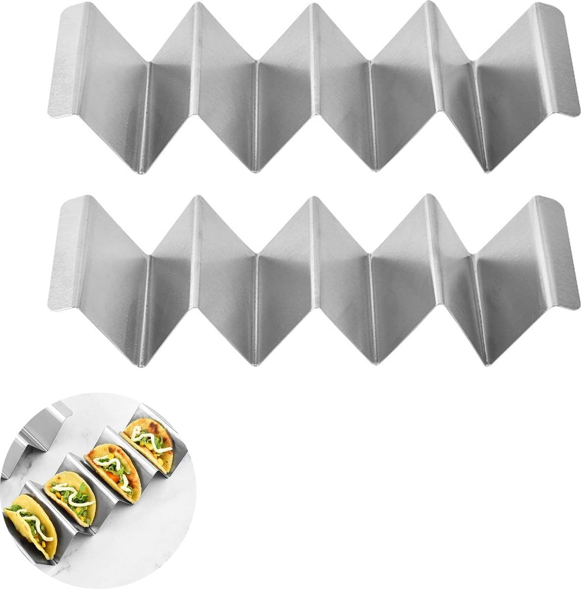 2 stuks Taco houders, 32 cm roestvrij stalen houders, staande set, pretzelstandaard, tray holt, voor Tacos, sandwiches, worsthouders voor kinderen, gezinnen, feestjes (zilverkleurig, 2 l)