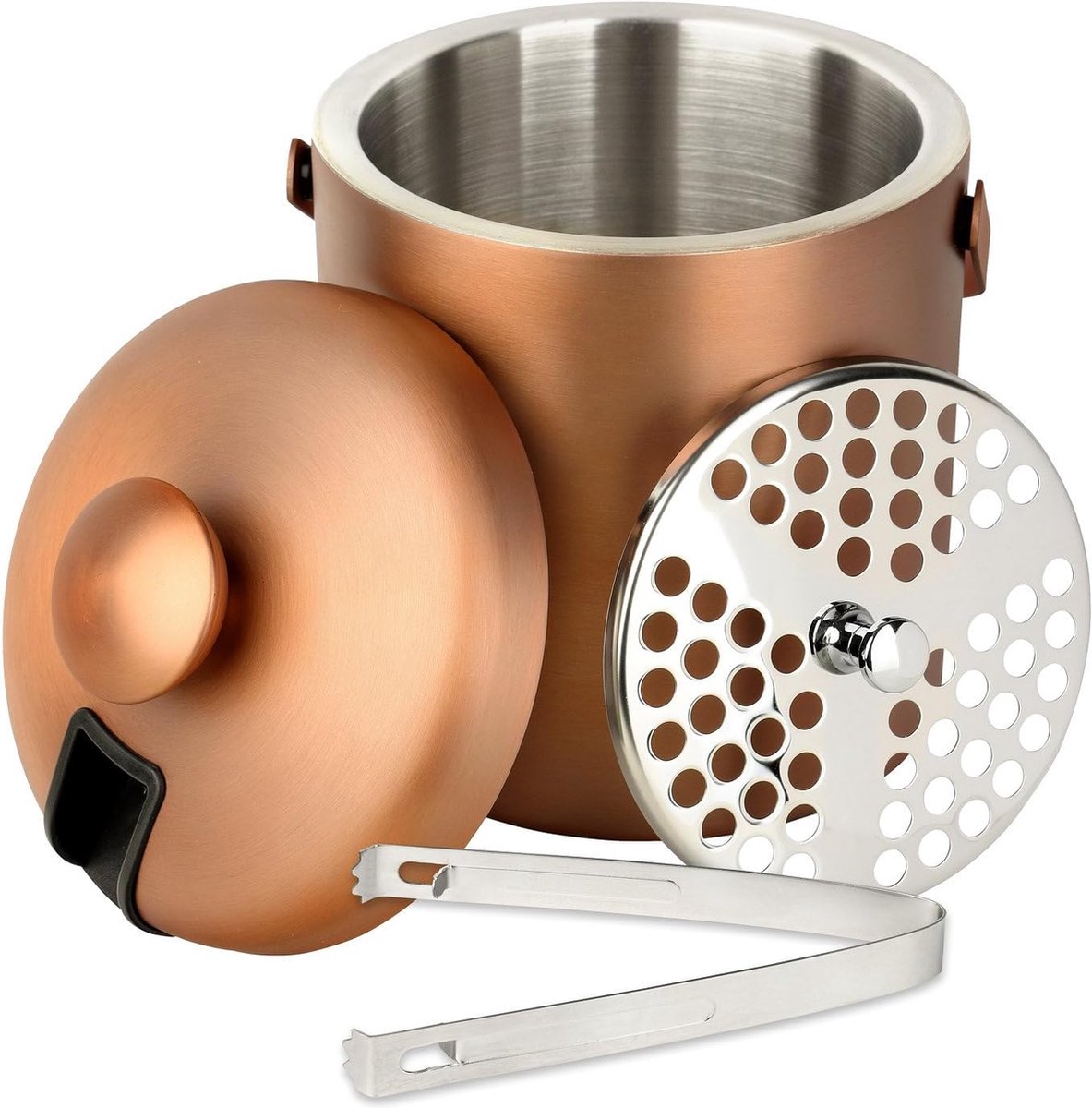 IJsblokjeshouder in zwart, goud of roze met deksel en tang, wijnkoeler, 1,3 liter, ijsemmer, champagnekoeler, dubbelwandige ijskoeler met handvat, kleur: roze