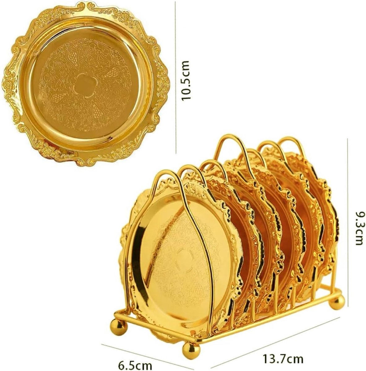 6 stuks gouden koffie, dranken, theekoponderzetters, dessertdisplayplaten, met zinklegering, roestvrijstalen standaard (diameter 10 cm, 6 stuks, goud)