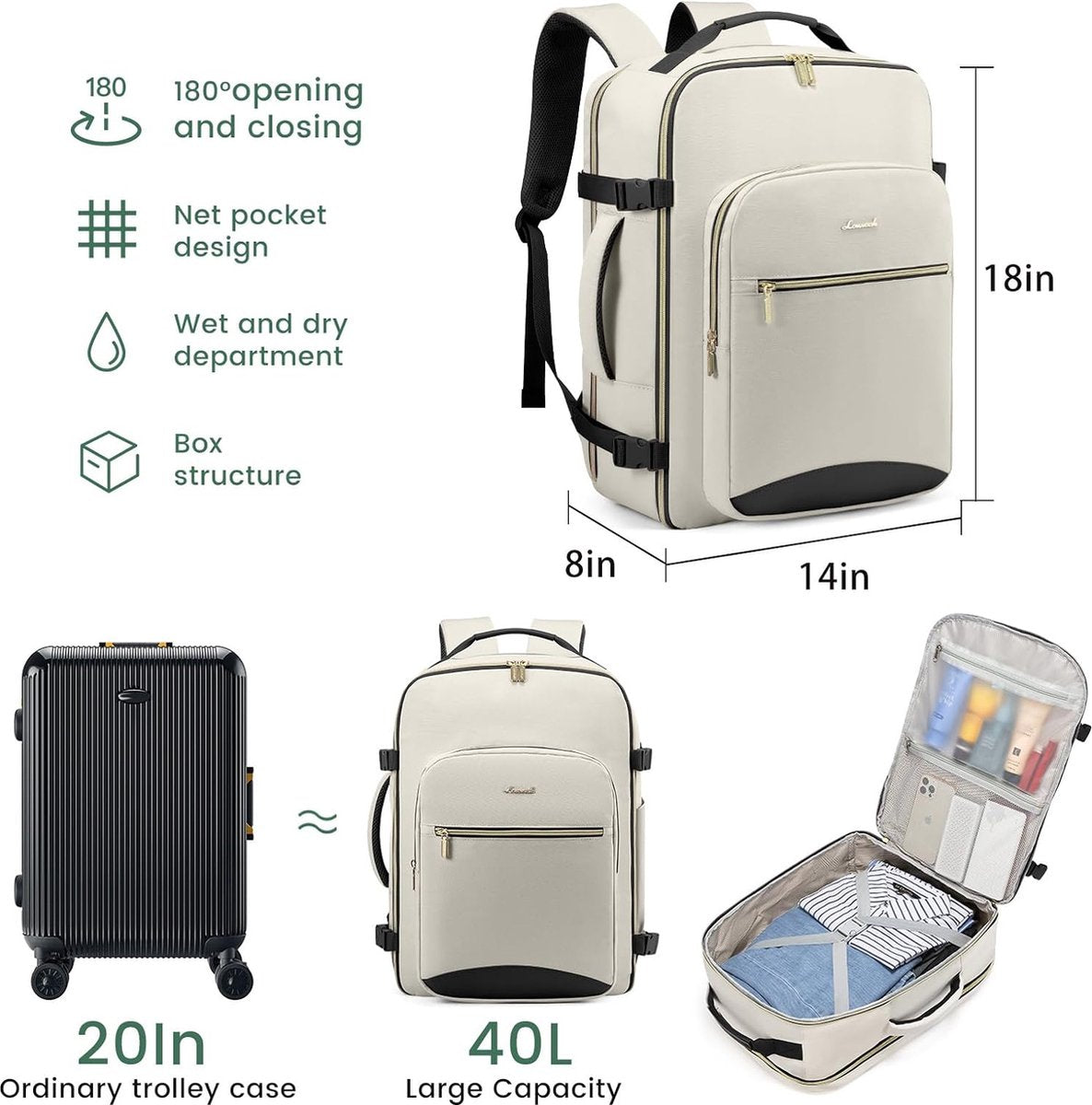 Handbagage, rugzak, vliegtuig, 40 liter, grote reisrugzak voor dames, kofferrugzak, waterdichte reistas voor 17 inch laptop, reisrugzak voor reizen, zakenreizen, zaken, wandelen, weekend