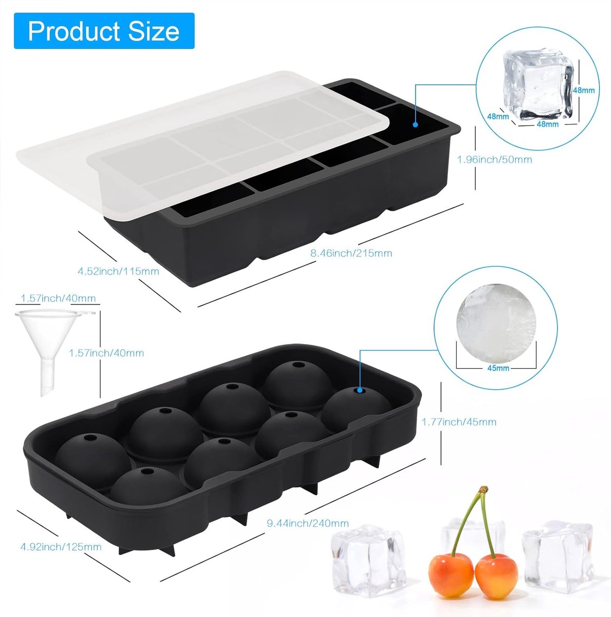 2 stuks siliconen ijsblokjesvorm, groot, 8-voudige ijsblokjeshouder met bol, ijsbolvorm, ijsbolvorm, voor gekoelde cocktails, whiskydranken