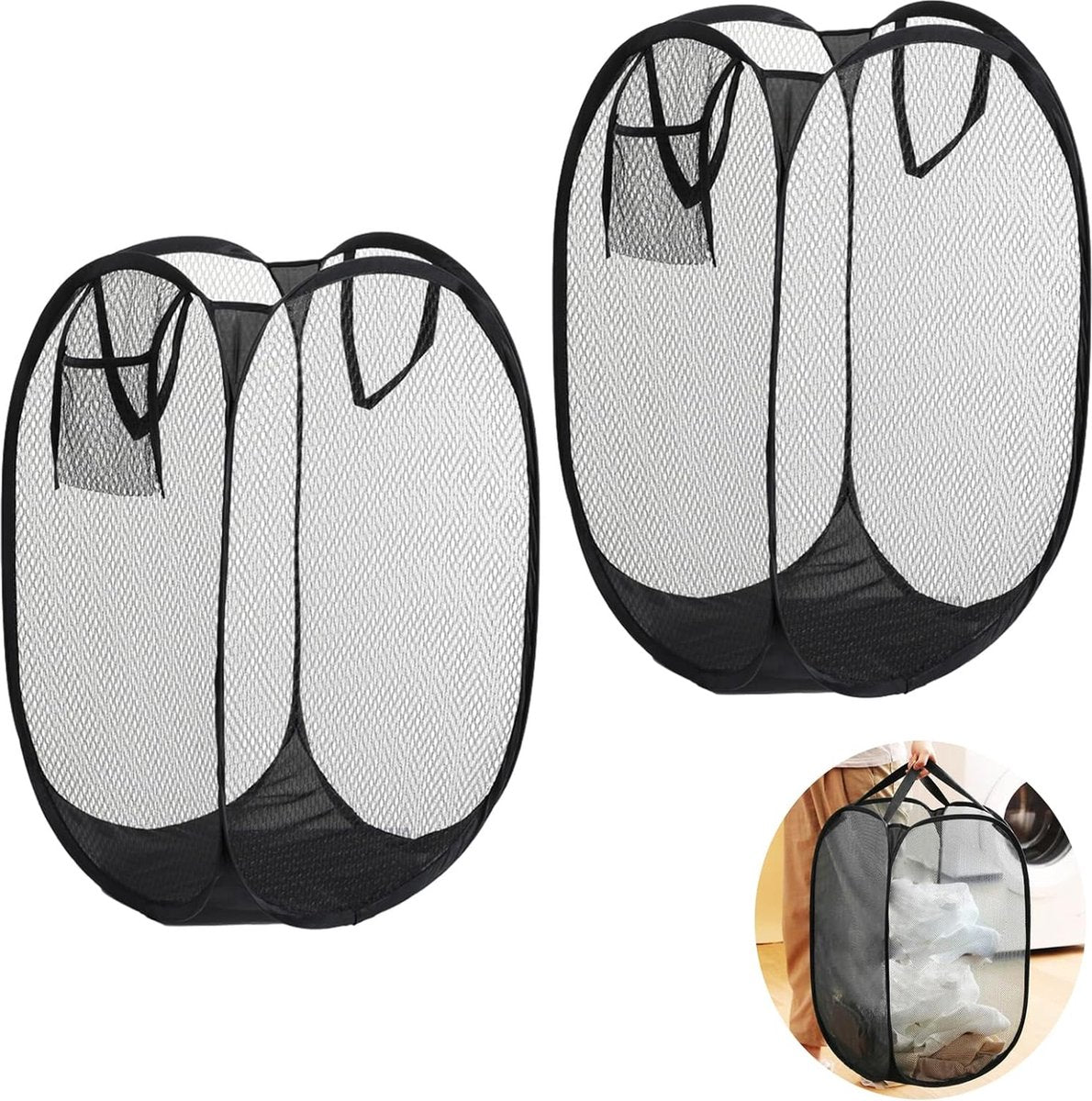 2 stuks opvouwbare wasmandset, pop-up 75 liter, wasmand, opvouwbaar, met zijzak, wasverzamelaar met handgrepen, wasmand voor bijkeuken, netjes opbergen van kleding (zwart)