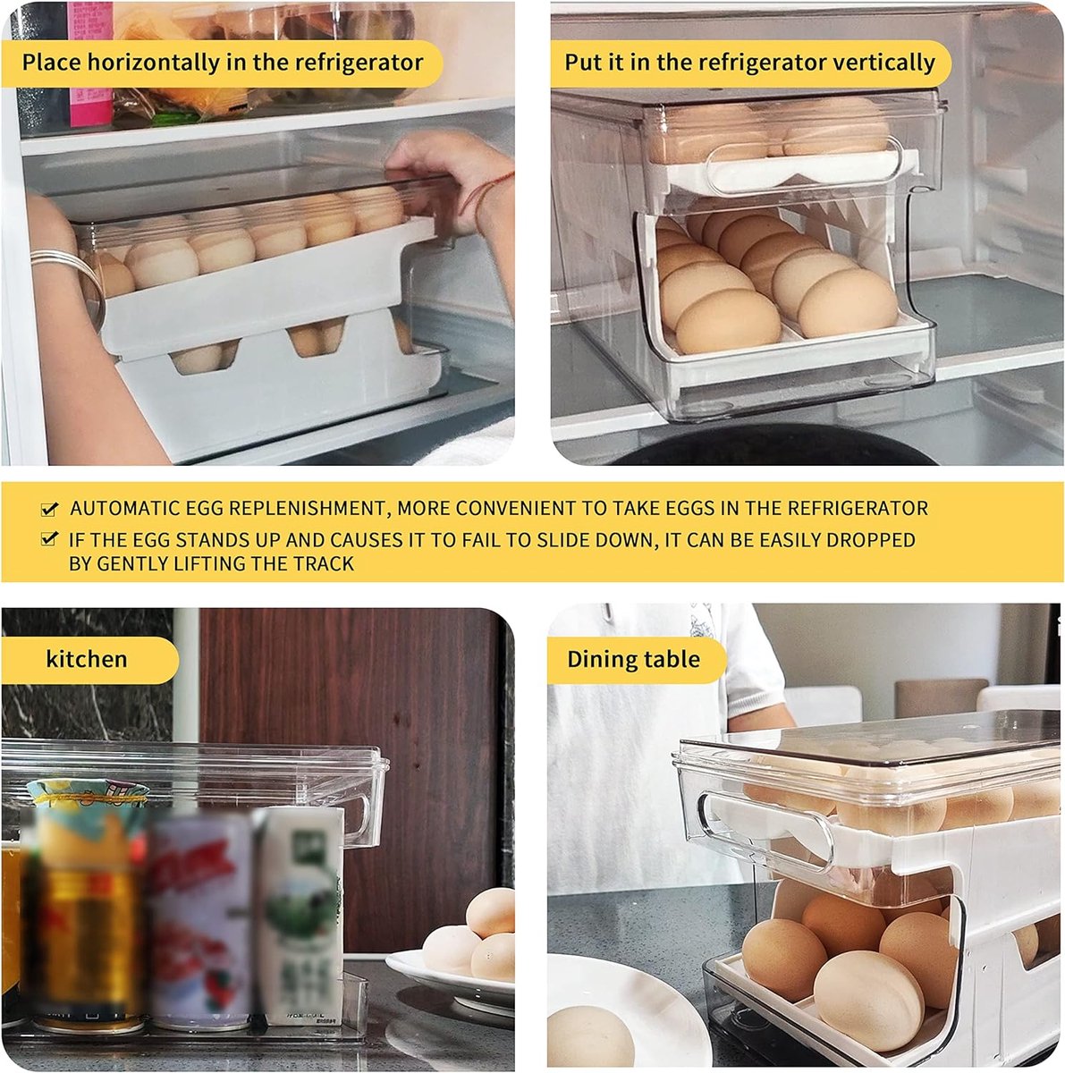 Eiercontainer voor koelkast, dubbelsporige automatische rollende eierhouder voor koelkast, opbergdoos met deksel voor eten, drinken enz. (Parelwit)