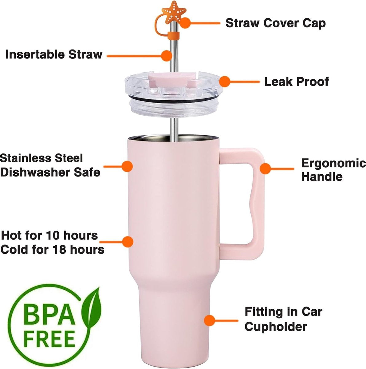 1200 ml koffiebeker om mee te nemen, dubbelwandige, roestvrijstalen vacuüm-isolatiebeker met handvat en rietje, autobeker, thermobeker, koffiebeker voor warme en koude dranken, zwart