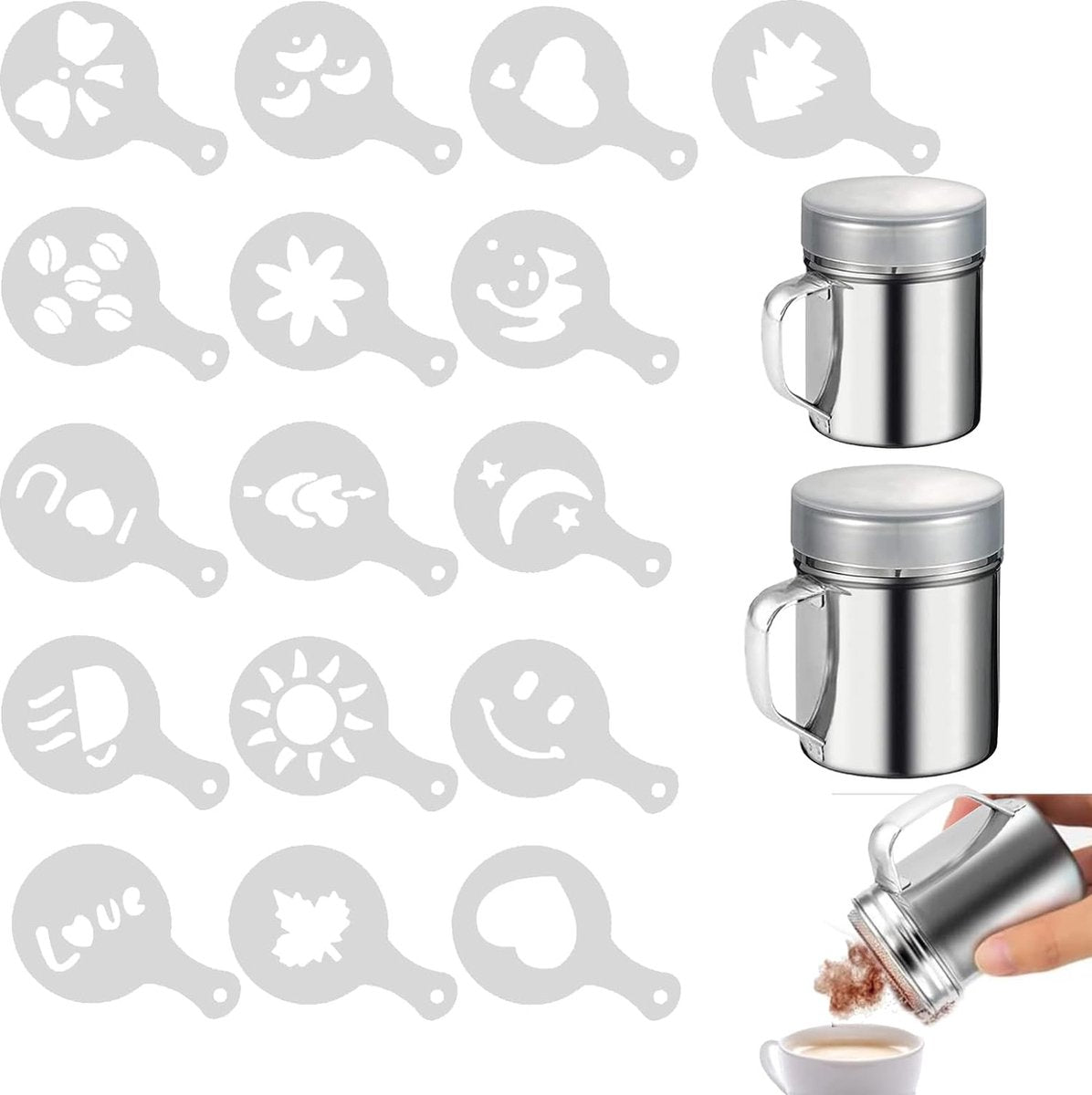 Icing Sugar Shaker Set - 2 cacao- en koffie-sjabloonshakers met 16 verschillende sjablonen, roestvrijstalen gaassjablonen voor chocolade, keuken, drankjes en bakken (2 maten)