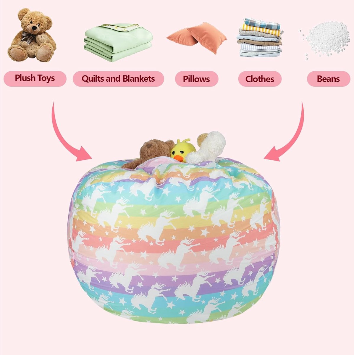 Eenhoornzitzak voor kinderen, speelgoed, knuffeldieren, opslag voor meisjes en jongens, opbergorganizer, opslag kinderkamer