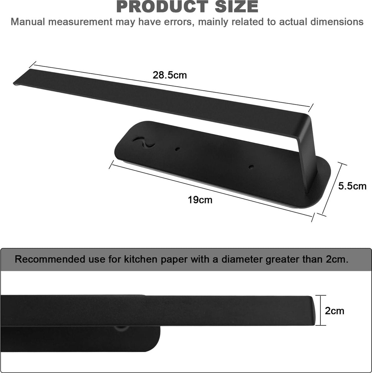 1 x keukenrolhouder, wandpapierrolhouder met 2 magnetische haken voor rolpapier, handdoeken, huishoudfolie, kopjes (zwart)
