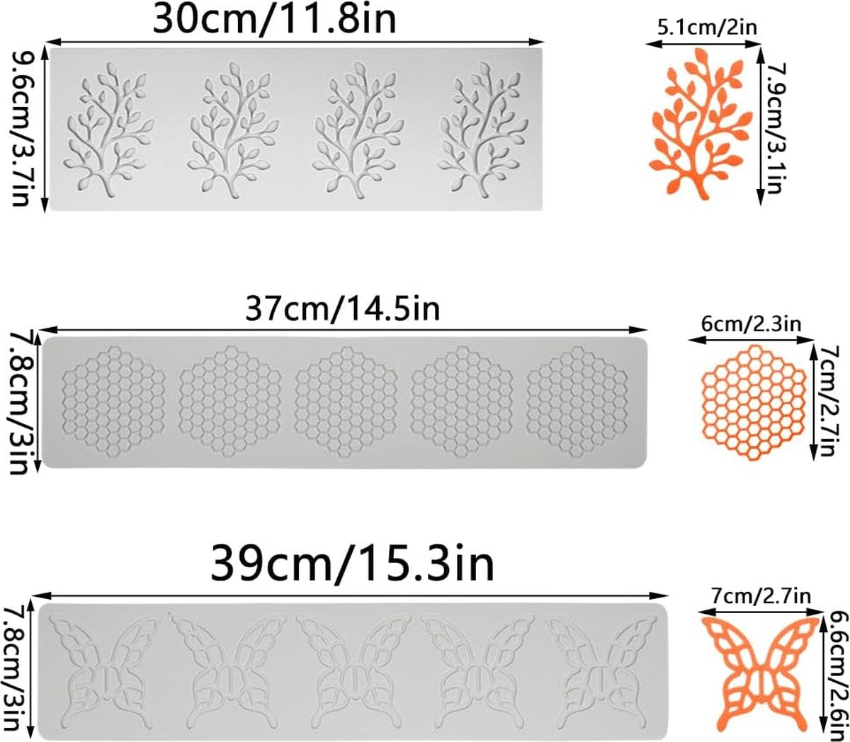 3 stuks puntvormige matte siliconen vormen, fondant, boomblad, kanten fondant-vormen voor suiker, kinderen