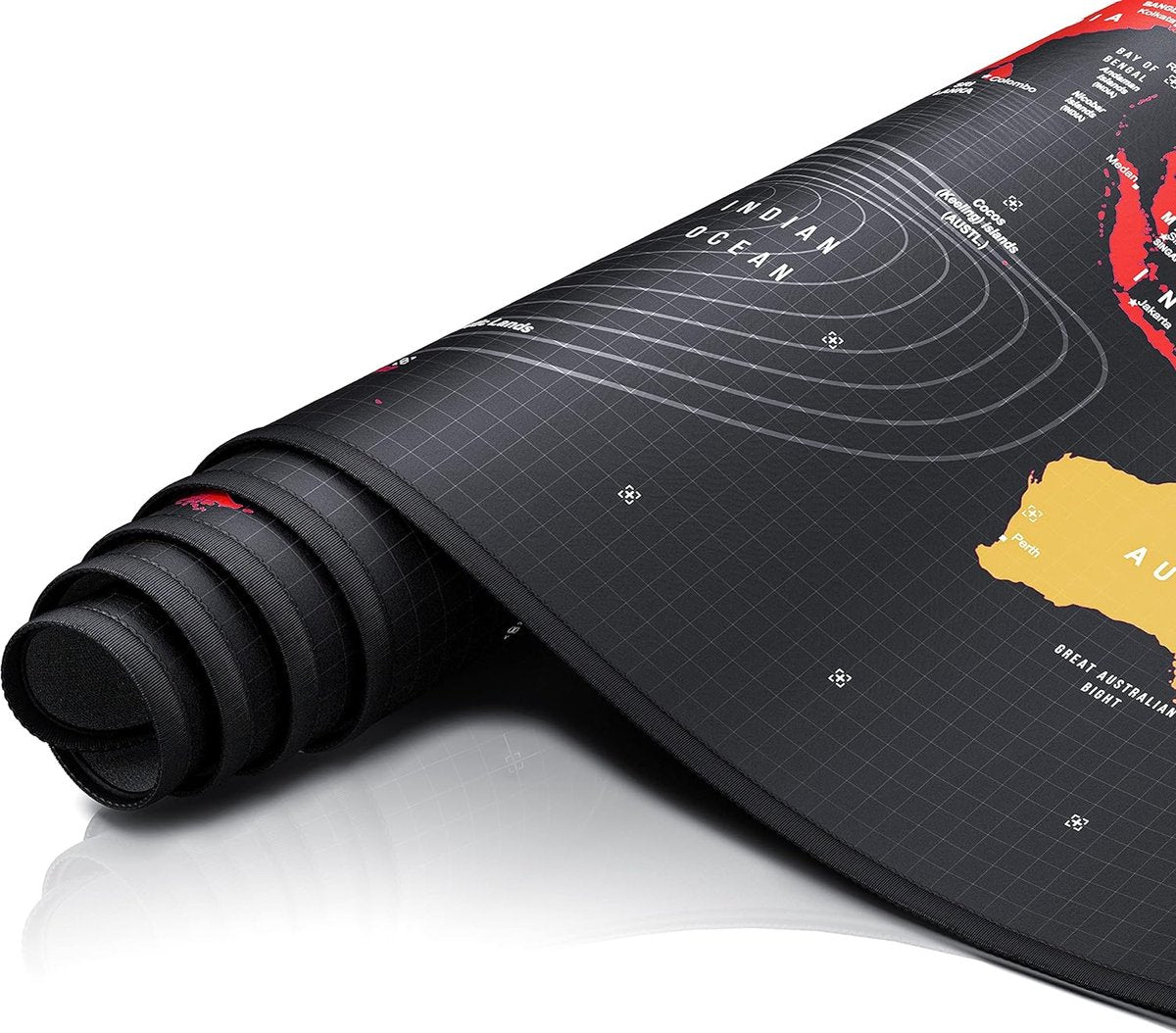 Gaming muismat, 900 x 400 mm, grote bureauonderlegger, precisie en snelheid, rubberen onderkant, antislip, duurzaam, waterafstotend, wereldkaart, zwart-rood