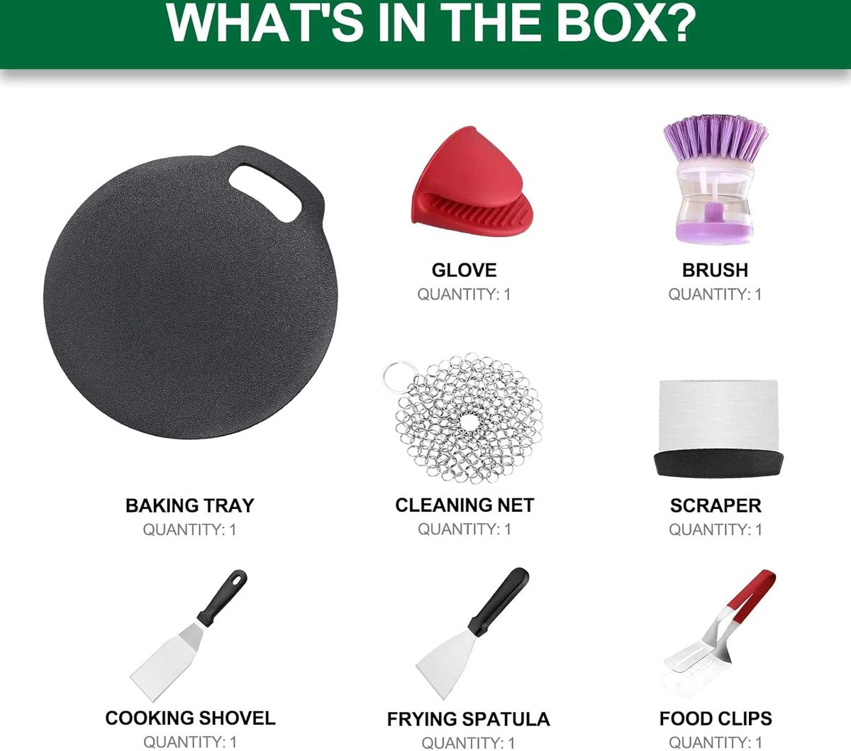 Gietijzeren pan, pizzapan met lusgreep, bakplaat, bakpan, gietijzeren pan voor kookplaat, oven, BBQ, diameter 26 cm, pizzabakoven met 7 delen accessoires