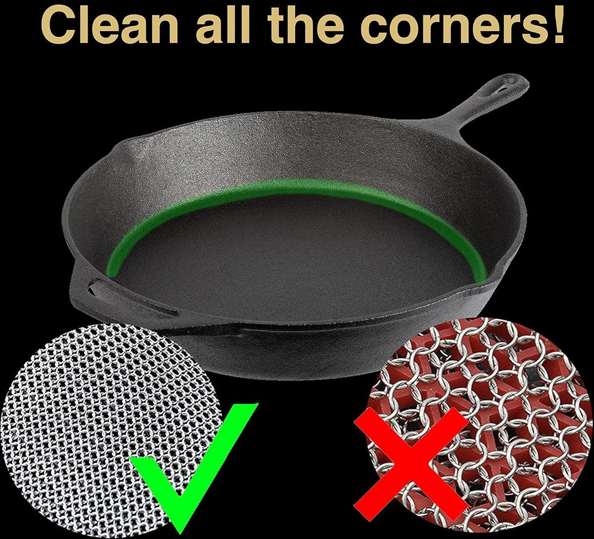 Gietijzeren reinigingsketting fijne ring 316 roestvrij staal schuursponsje - ingebouwde siliconen met gelaste ringen voor gietijzeren pot BBQ-servies