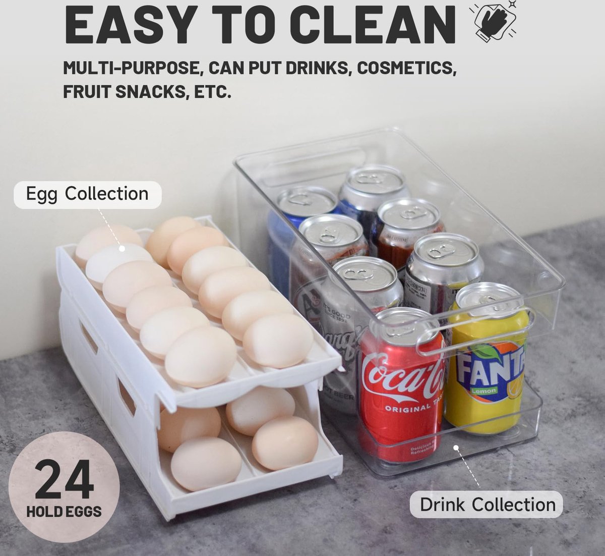 Eiercontainer voor koelkast, dubbelsporige automatische rollende eierhouder voor koelkast, opbergdoos met deksel voor eten, drinken enz. (Parelwit)