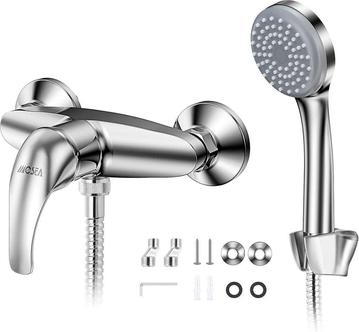 Eéngreepsmengkraan Doucheset Opbouw, Douchemengkraan met douchekop, Wandmontage, Chroom, Mengkraan, Douche, Douchekranen, Mengkraan voor douche, Opbouwdouchegarnituur