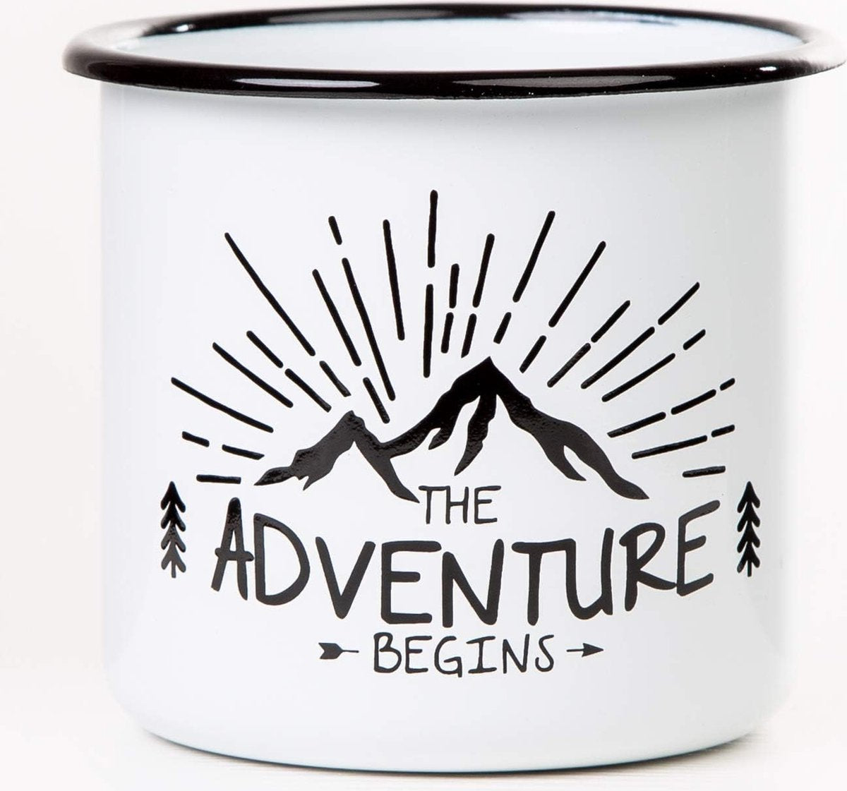 Emaille mok met het gezegde dat het avontuur begint, 330 ml, campingmok, kampeeruitrusting, retro-design, wit