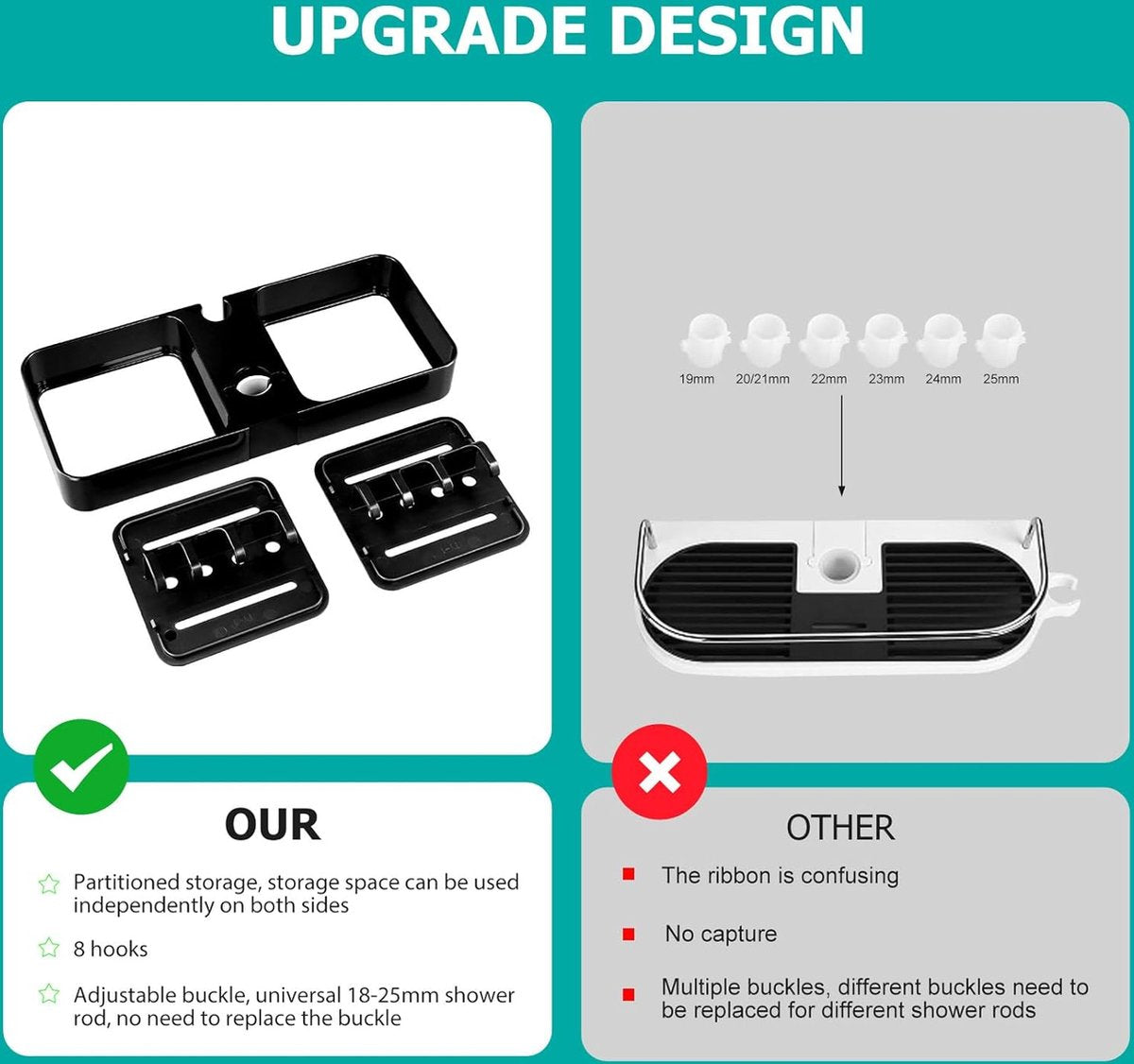 Doucheplank om op te hangen, zwart, doucheplank zonder boren, telescopisch, doucherek met 2 douchemandjes om op te hangen, ruimtebesparende doucheplank, roestvrij staal, douchestang-opbergrek voor 18