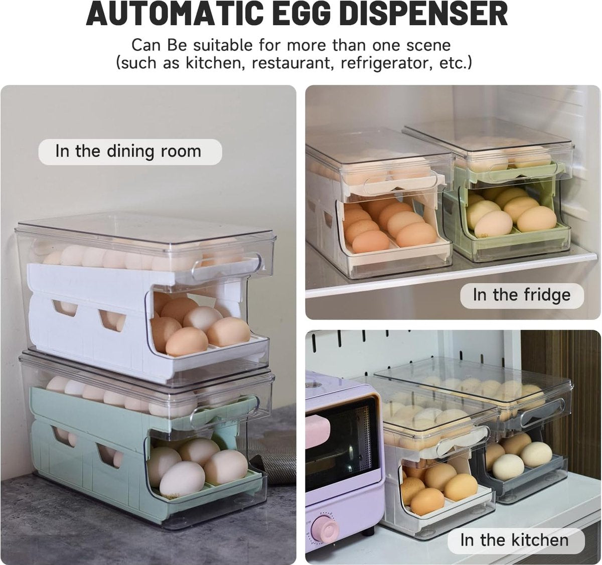 Eiercontainer voor koelkast, dubbelsporige automatische rollende eierhouder voor koelkast, opbergdoos met deksel voor eten, drinken enz. (Parelwit)