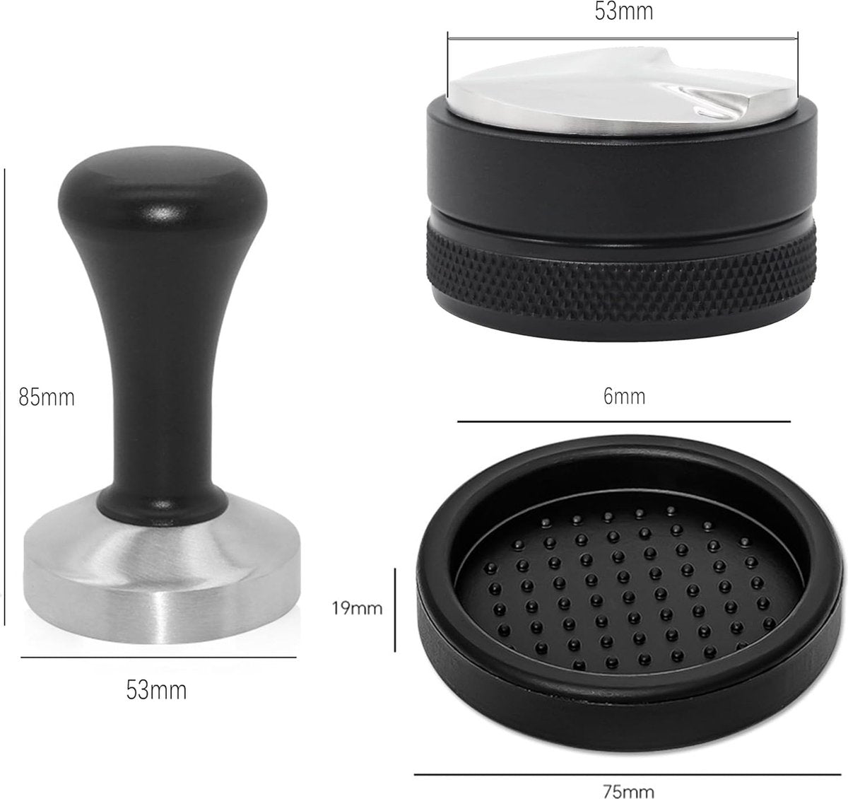 Distributeur 53 mm, 3-in-1 koffieverdeler met koffiestamper en siliconenmat, design koffiestamperset voor perfecte espresso barista-gereedschap, koffieverdeler met instelbare hoogte