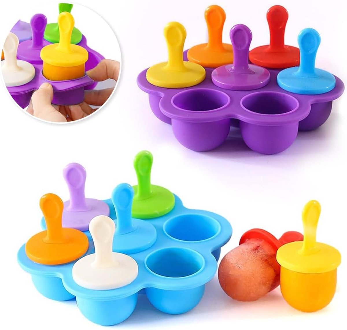 IJsvormen, siliconen ijsvormen, 2 stuks ijsvormen Ijslolly met plastic stokjes, ijsvormen kinderen, kleine ijscontainers, ijsvormen voor ijsijsvormen (paars en blauw)