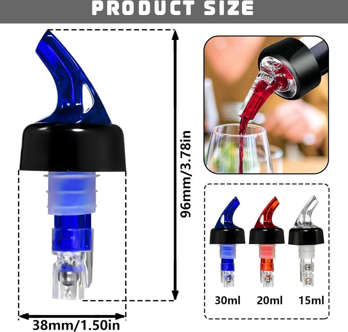 6 stuks gedistilleerde drankdispenser, flessenschenker van ABS-kunststof, 15 ml/20 ml/30 ml doseringsschenker, maatschenker met stalen kogel, geschikt voor wijn en cocktails (3 kleuren)