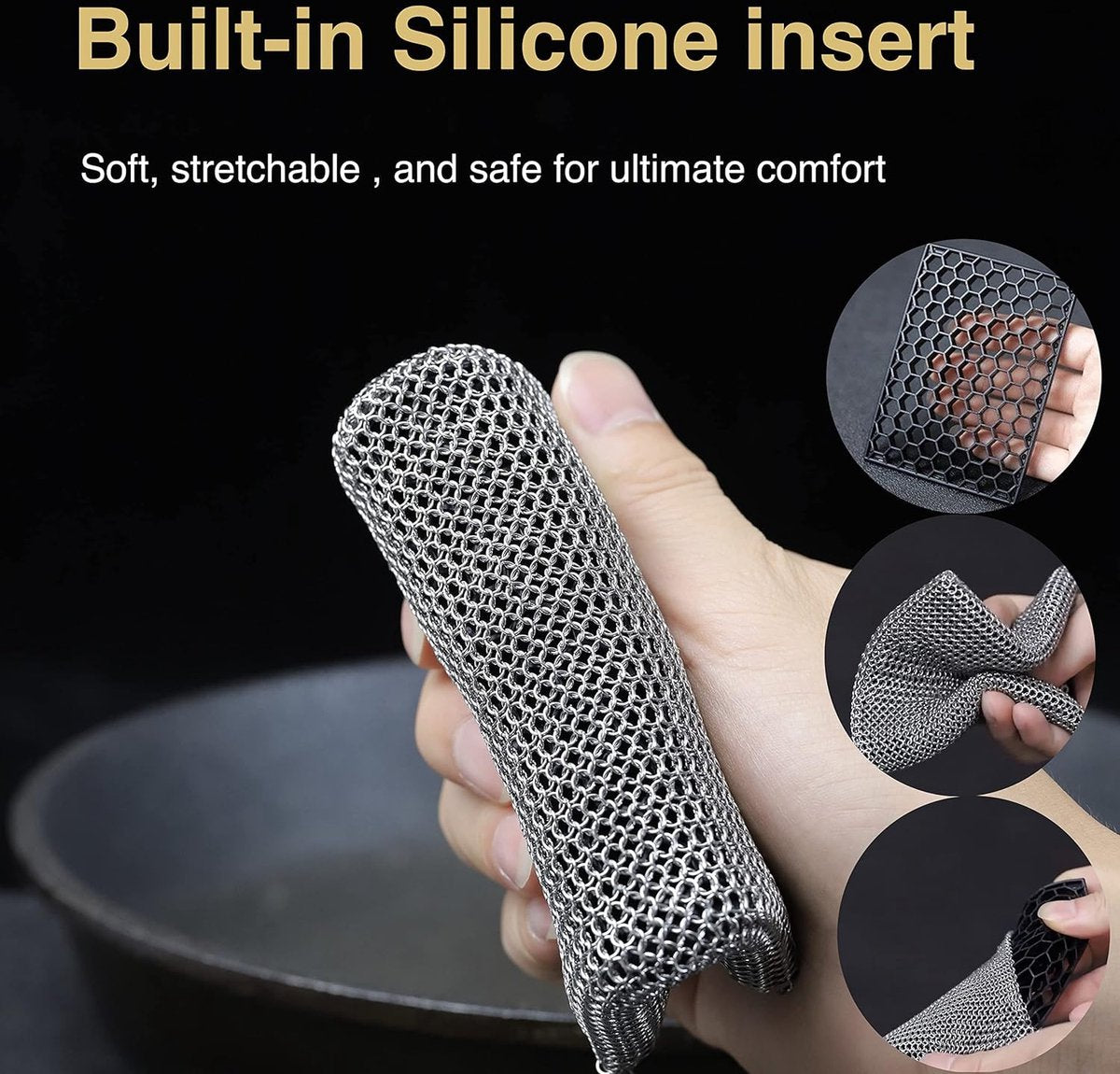 Gietijzeren reinigingsketting fijne ring 316 roestvrij staal schuursponsje - ingebouwde siliconen met gelaste ringen voor gietijzeren pot BBQ-servies