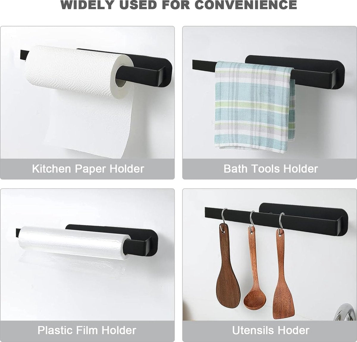 1 x keukenrolhouder, wandpapierrolhouder met 2 magnetische haken voor rolpapier, handdoeken, huishoudfolie, kopjes (zwart)