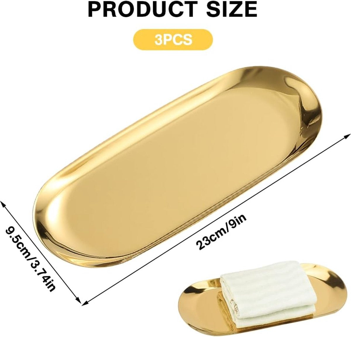 3 stuks roestvrijstalen decoratieve dienbladen, ovale gouden opbergbakjes, metaal, serveerborden, decoratieve borden, gouden ovale dessertkommen, ovaal, cosmetica-dienbladen voor thee, cake,