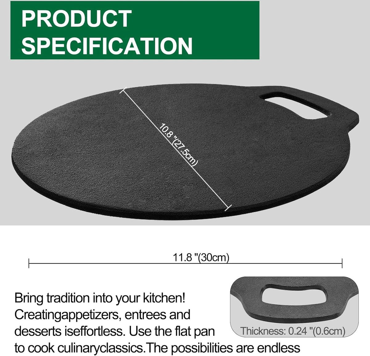 Gietijzeren pan, pizzapan met lusgreep, bakplaat, bakpan, gietijzeren pan voor kookplaat, oven, BBQ, diameter 26 cm, pizzabakoven met 7 delen accessoires