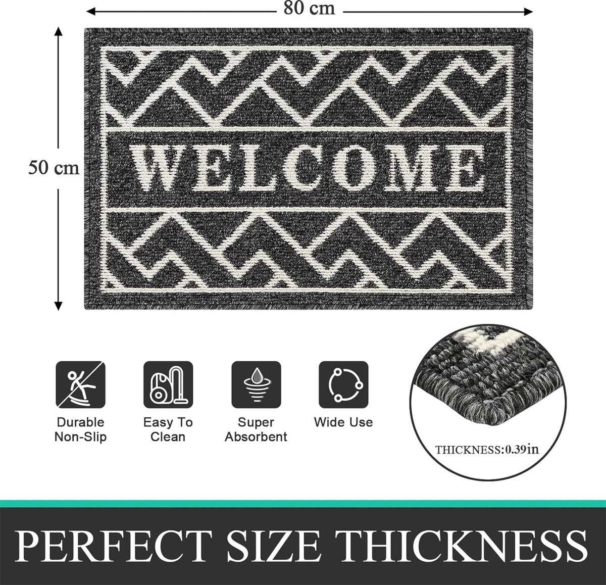 Deurmat voor binnen, 50 x 80 cm, zwart, antislip, wasbaar, vuilvangmat, waterabsorberende deurmat, vuilvanger, tapijt voor ingang, voordeur, patio, hal