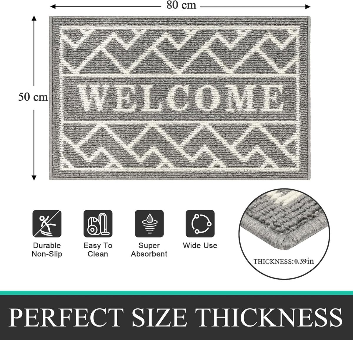 Deurmat voor binnen, 50 x 80 cm, grijs, antislip wasbare vuilvangmat, waterabsorberende deurmat, vuilvangertapijt voor entree, voordeur, terras, hal