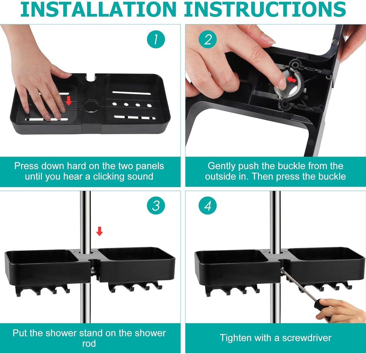 Doucheplank om op te hangen, zwart, doucheplank zonder boren, telescopisch, doucherek met 2 douchemandjes om op te hangen, ruimtebesparende doucheplank, roestvrij staal, douchestang-opbergrek voor 18