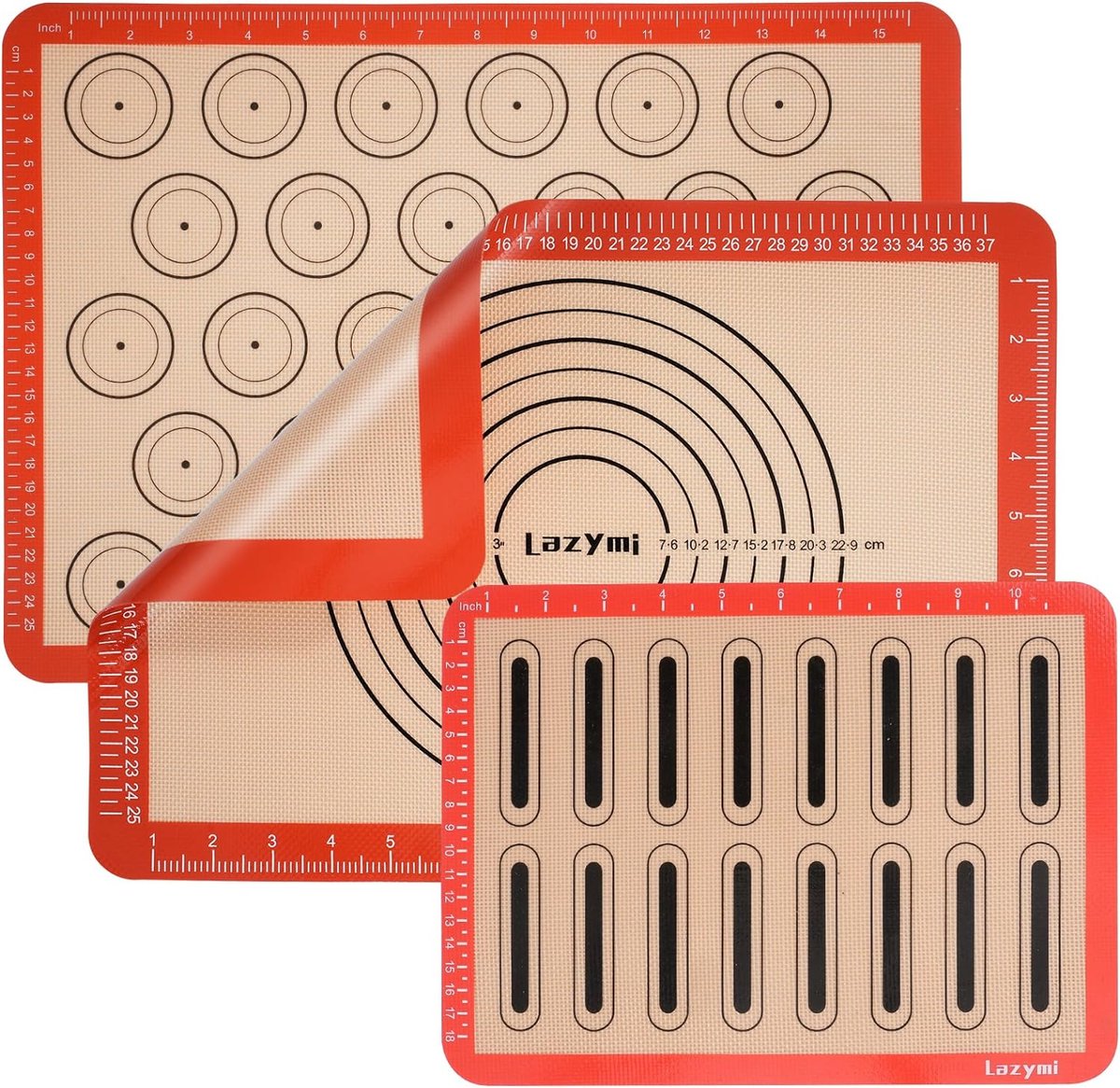 Bakmat siliconen met meting, 3-delige set, anti-aanbaklaag, siliconenmat bakken voor macaron, cake, brood, pizzamat, deegmat, uitrolmat (rood)