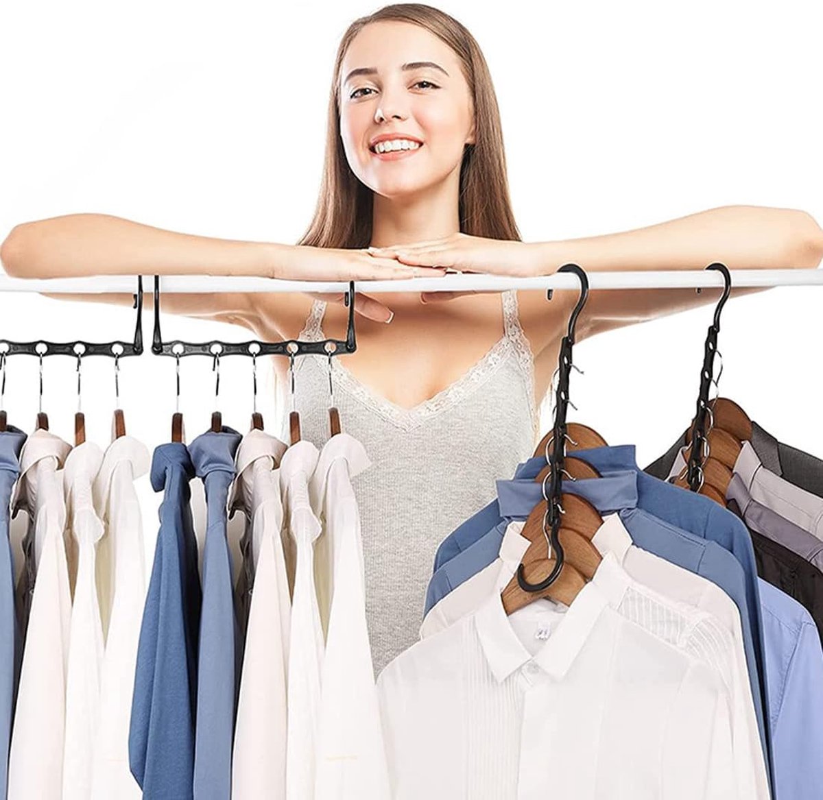 4 stuks 5-in-1 kleerhangers, ruimtebesparend, draaibare magische kleerhangers, kunststof, multifunctionele zwarte magische kleerhangers, voor kledingkast