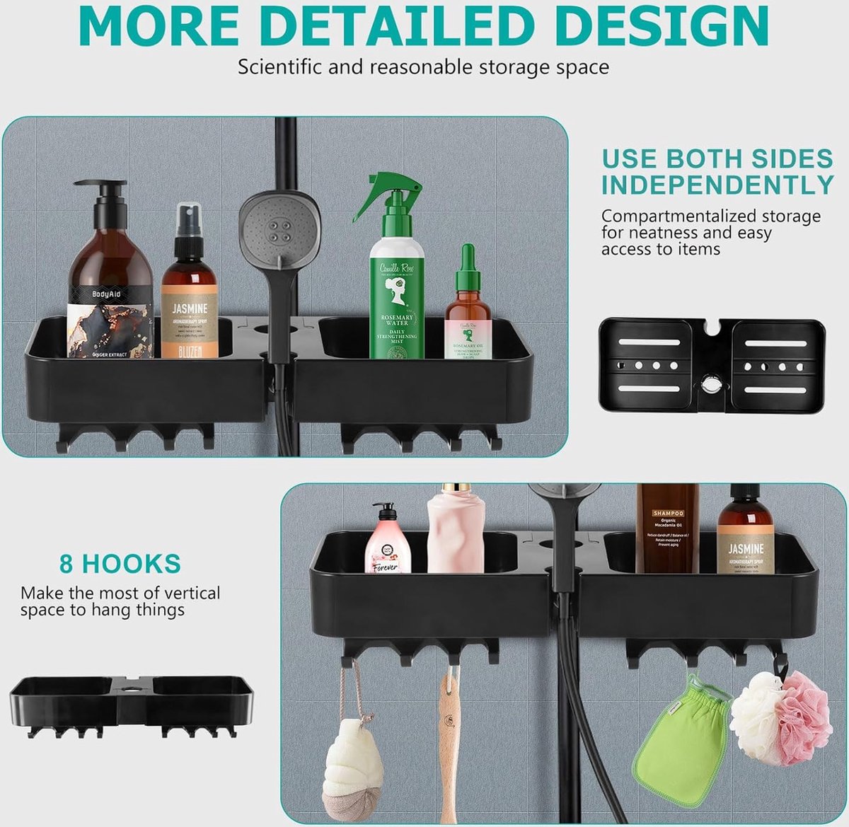 Doucheplank om op te hangen, zwart, doucheplank zonder boren, telescopisch, doucherek met 2 douchemandjes om op te hangen, ruimtebesparende doucheplank, roestvrij staal, douchestang-opbergrek voor 18