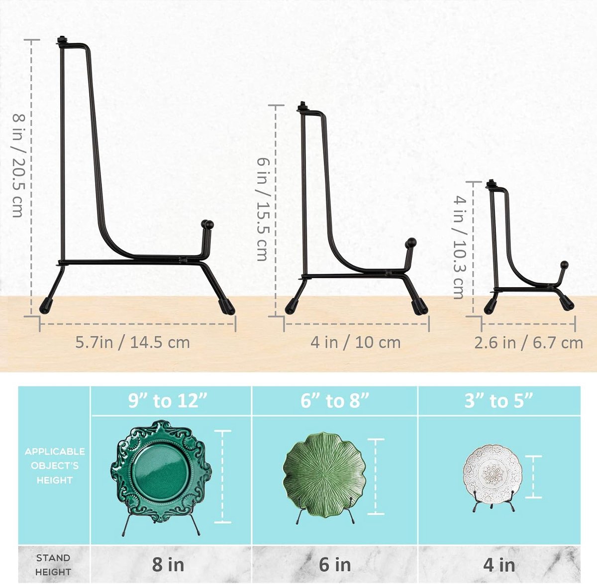Set van 4 verbeterde antislipbordstandaarden voor display, 6 inch plaathouder displaystandaard, fotolijsthouderstandaard, zwart ijzeren ezelstandaard voor foto, decoratieve plaat, tafelkunst