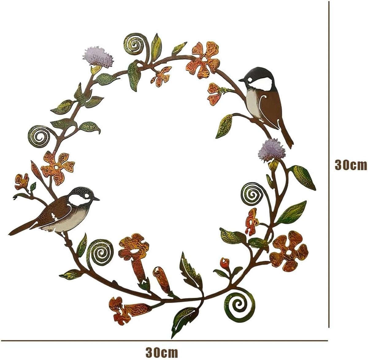 Decoratieve krans, deurkrans voor de zomer, met bladeren, bloemen en vogels, decoratie, metalen krans, deurkrans, deurkrans, deurkrans, 30 x 29 cm, roestkleurige krans voor huisdeur