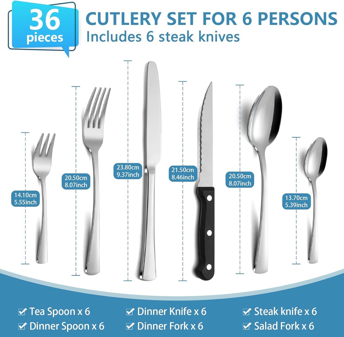 Bestekset, 36-delige bestekset voor 6 personen met steakmes, mesvorklepel, roestvrijstalen bestek voor familie/feest/restaurant, spiegelgepolijst en vaatwasmachinebestendig