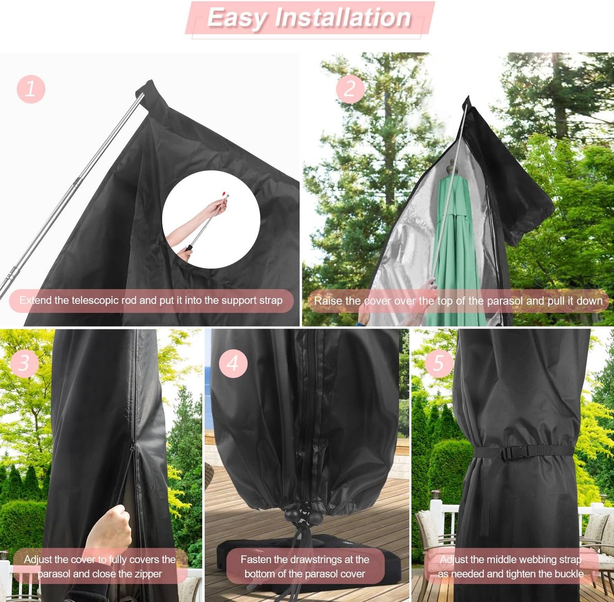 Beschermhoes voor parasol, zweefparasol, beschermhoes voor 3m-5m, parasol, afdekking, waterdicht, met stang voor 300 cm, 400 cm, 500 cm, zweefparasol, standaard, 280 x 50/60 cm