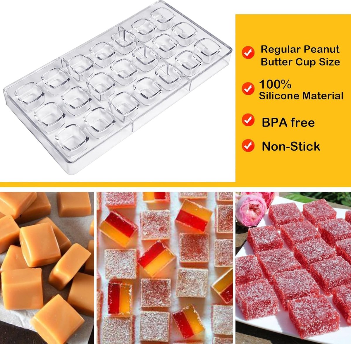 2 stuks vierkante chocoladevorm, 21 vormpjes bonbonvorm, polycarbonaat chocoladevorm, heldere snoepvorm voor chocolade, ijsblokjes, snoep, bruidstaart