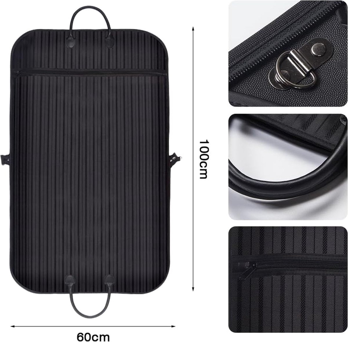 Hoogwaardige stofkap voor het opbergen van pakken, kleding en zakelijke jassen, ademende stofkap met handvat en ritssluiting, geschikt voor reizen, zwart, 100 x 60 cm