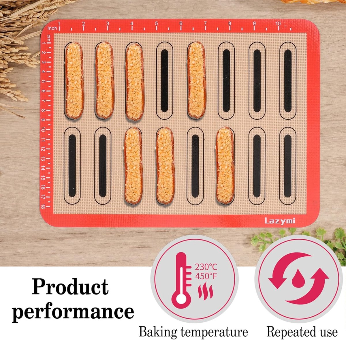 Bakmat siliconen met meting, 3-delige set, anti-aanbaklaag, siliconenmat bakken voor macaron, cake, brood, pizzamat, deegmat, uitrolmat (rood)